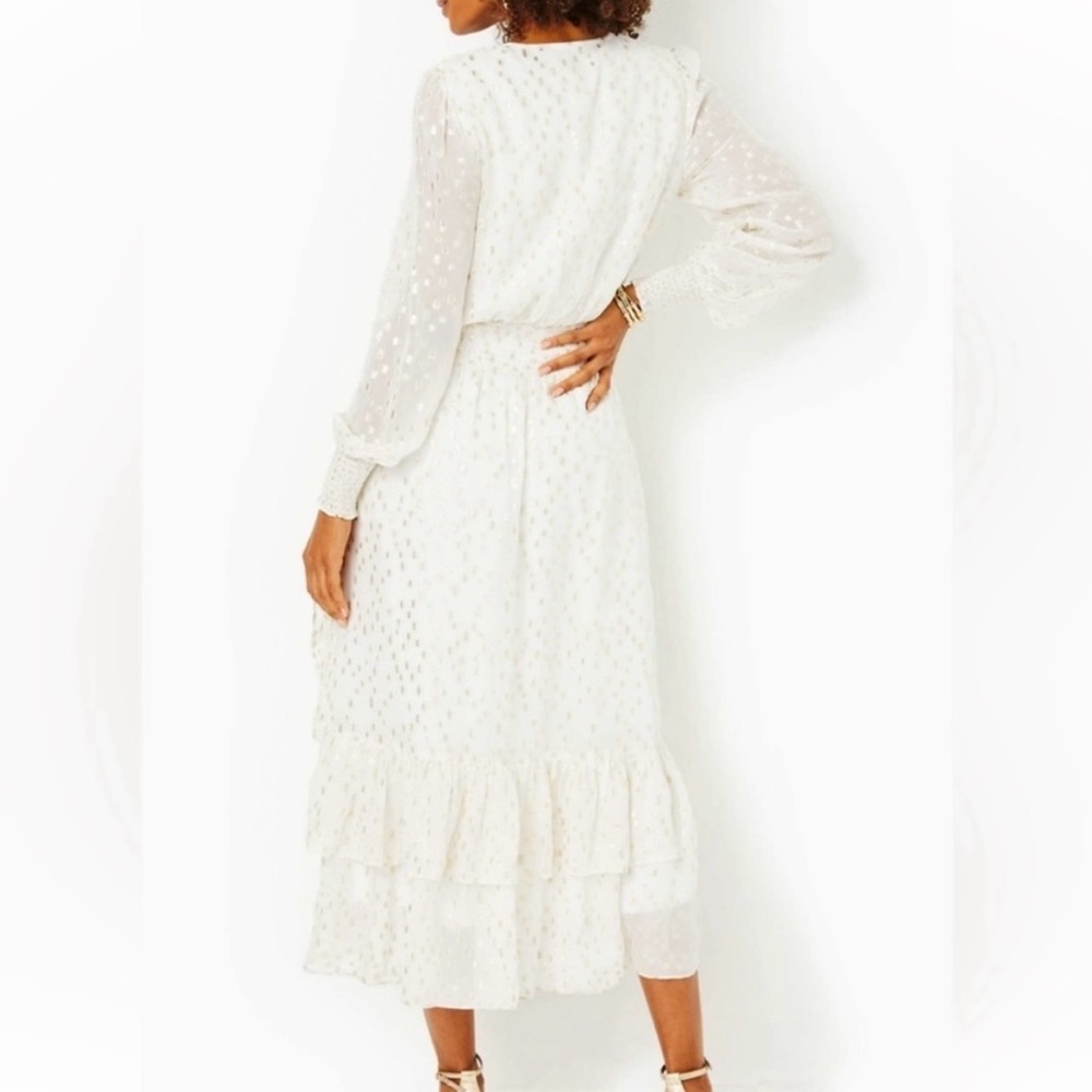 Lilly Pulitzer Cristiana Midi Dress Womens 8 Metallic Coconut Print Gold Ruffle - Picture 2 of 13